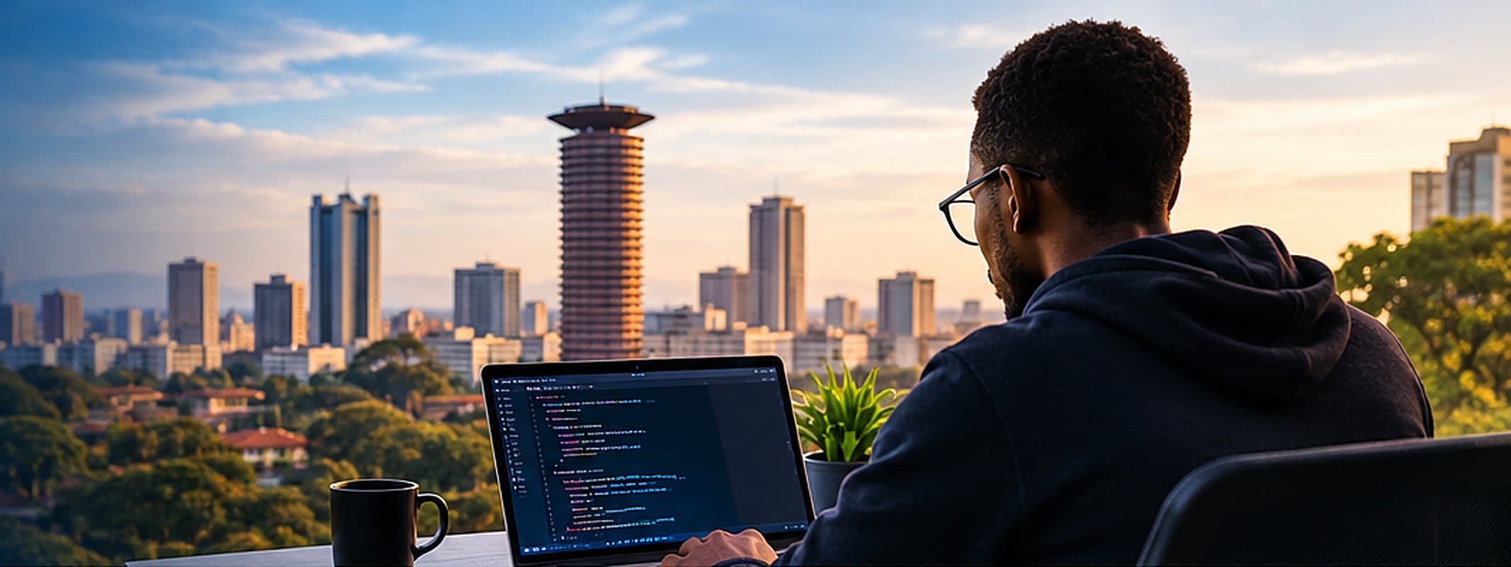 An OTBLABS engineer coding on a laptop on a terrace overlooking the Nairobi skyline